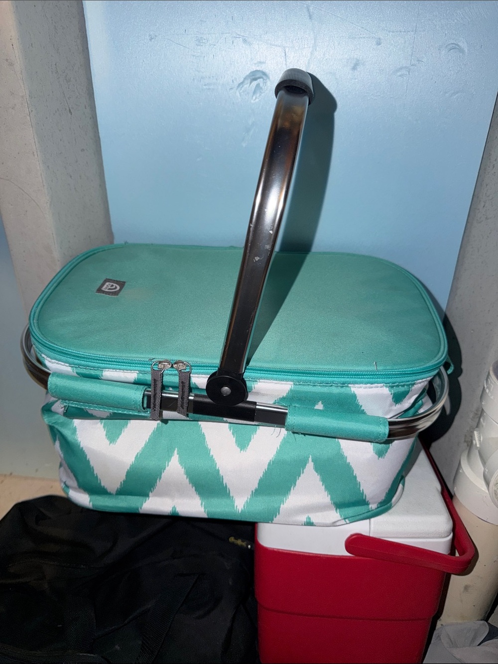 Aqua Chevron Insulated Storage Basket with Handle
